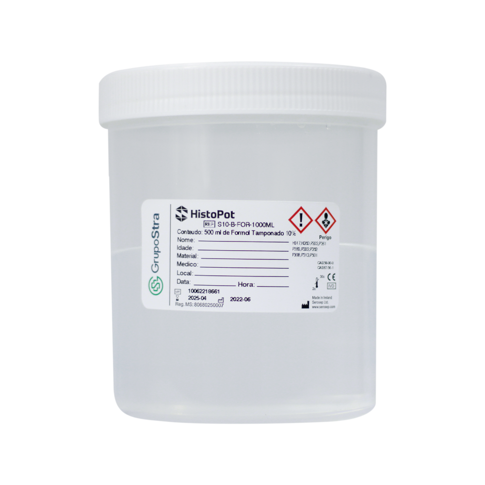 HistoPot 1.000 ml - Frasco Plástico para Biópsia c/ Formalina Tamponada 10% (Cx c/ 16 unids)